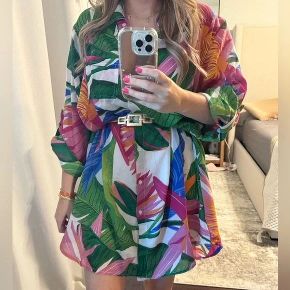 Colorful Tropical Print T-Shirt Dress / Blouse / Bathing Suit Cover Up - Picture 2 of 10